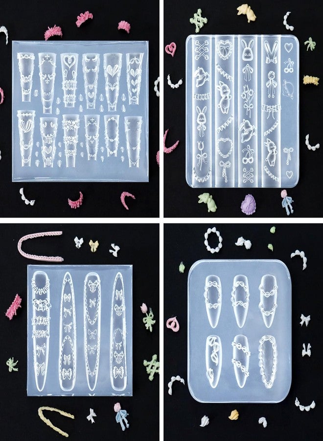 Laza 4pcs Cream Chain Silicone Nail Art Molds, 3D Multiple Shapes Embossed Cream Chain Bowknot Rabbit Charms Nail Accessories with Carving Pen Resin Nail Art Mold Manicure Tools for Manicure Design - Image 4